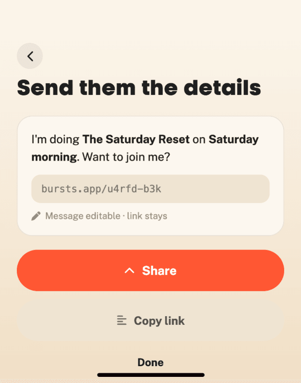 The Bearmore app's share screen, with a prefilled invite message and short link.
