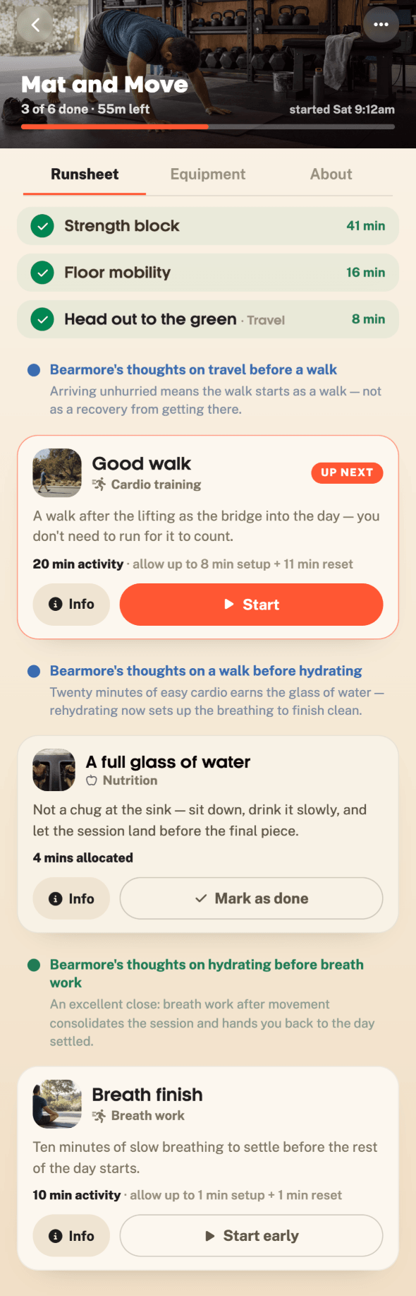 A Burst runsheet in the Bearmore app, part way through, showing each activity in order.