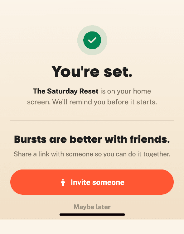 The Bearmore app confirming the Burst is scheduled, with the option to invite someone.