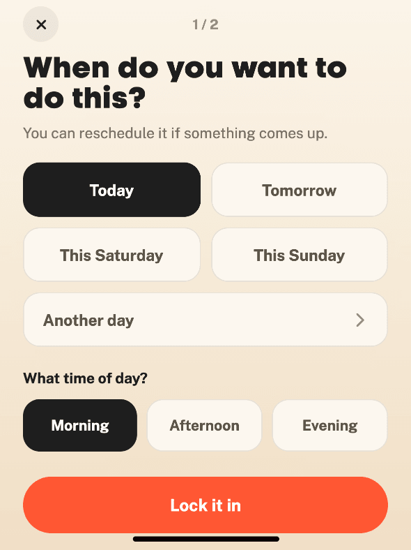 The Bearmore app's scheduling screen, choosing a day and a time of day.
